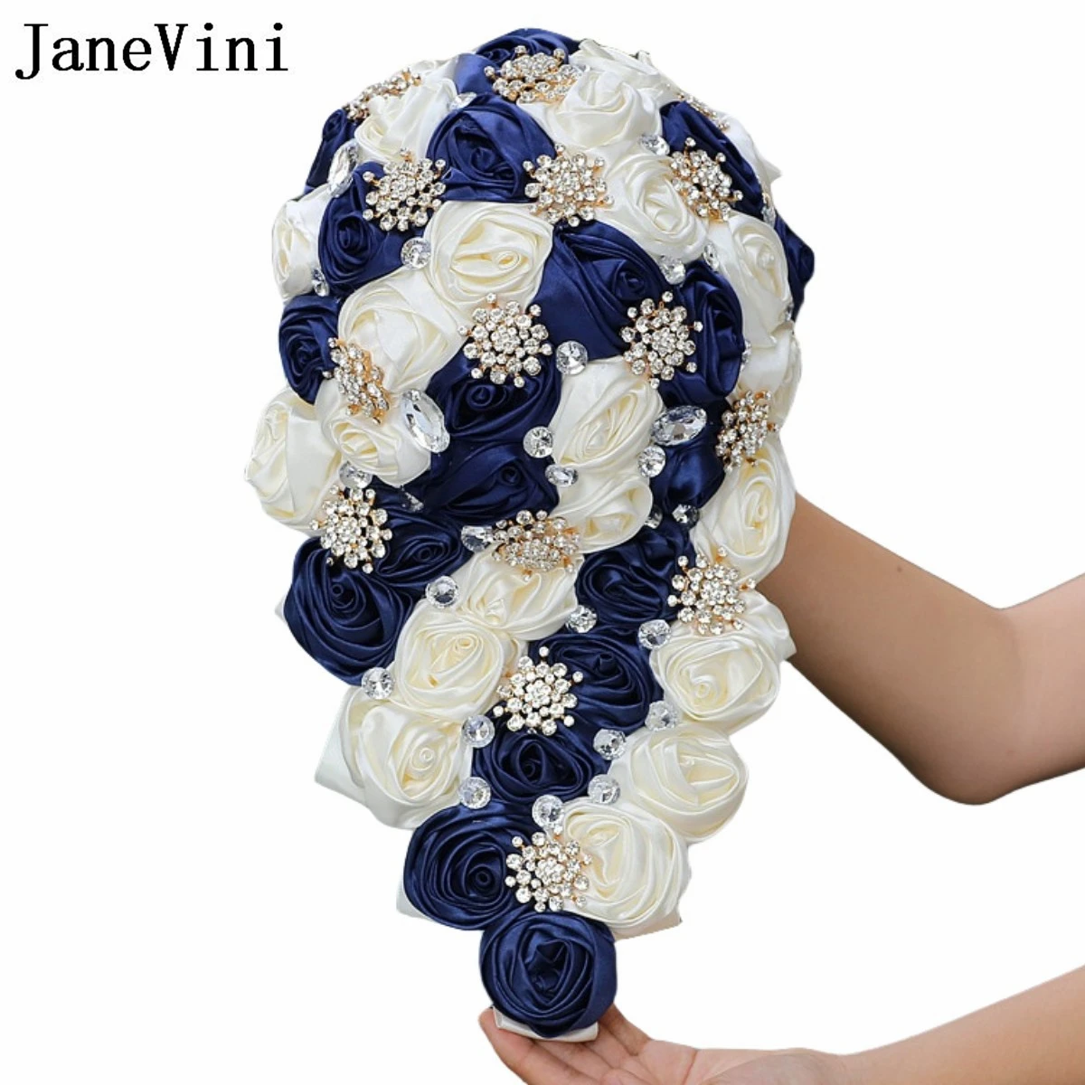 

JaneVini Navy Blue and Ivory Waterfall Wedding Bouquet with Sparkly Crystals Rhinestones Satin Cascading Bridal Holding Flowers