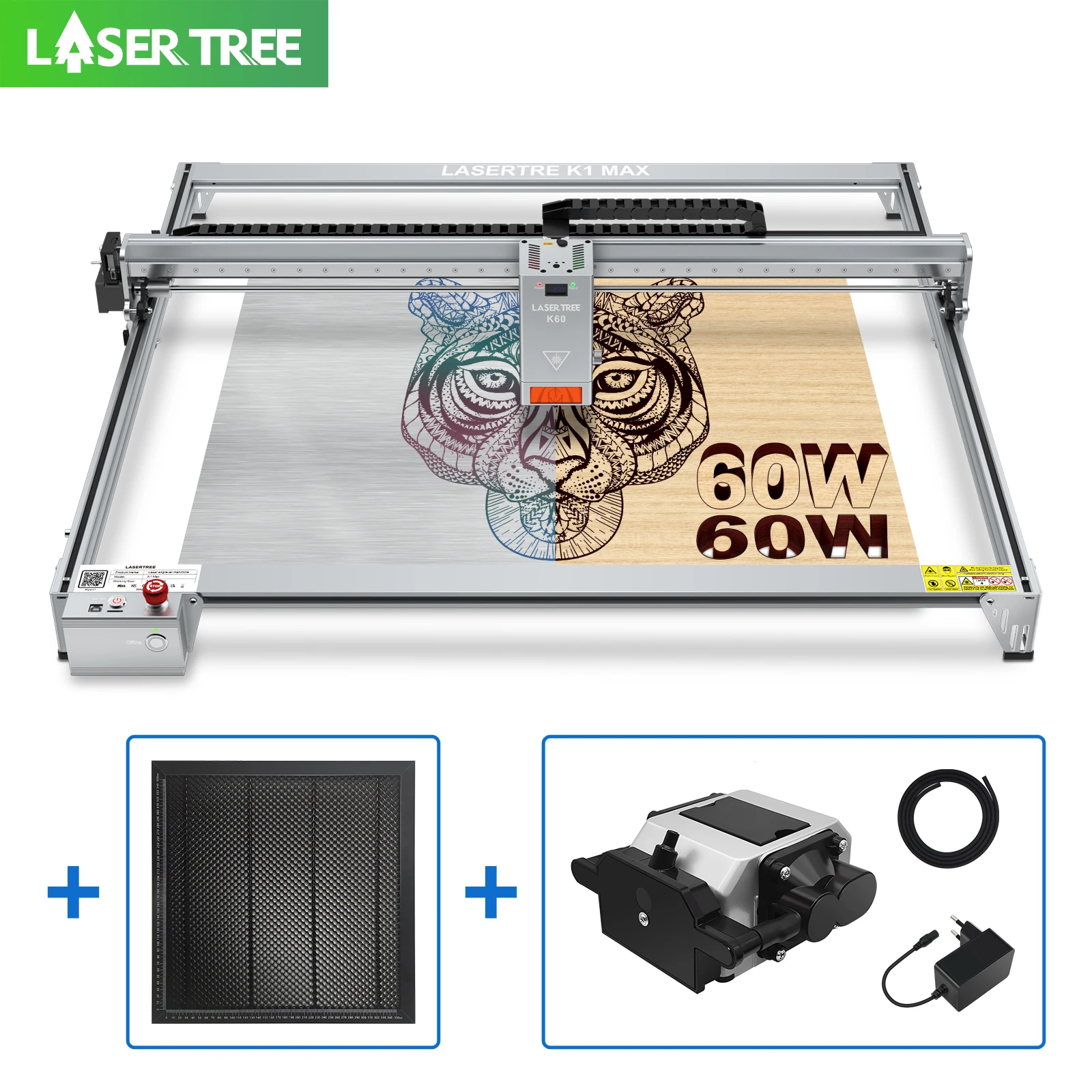 LASER TREE K1 MAX 60W Laser Engraver with Air Pump Honeycomb Panel Engraving Cutting Blue Light Machine Working Area 800×600mm