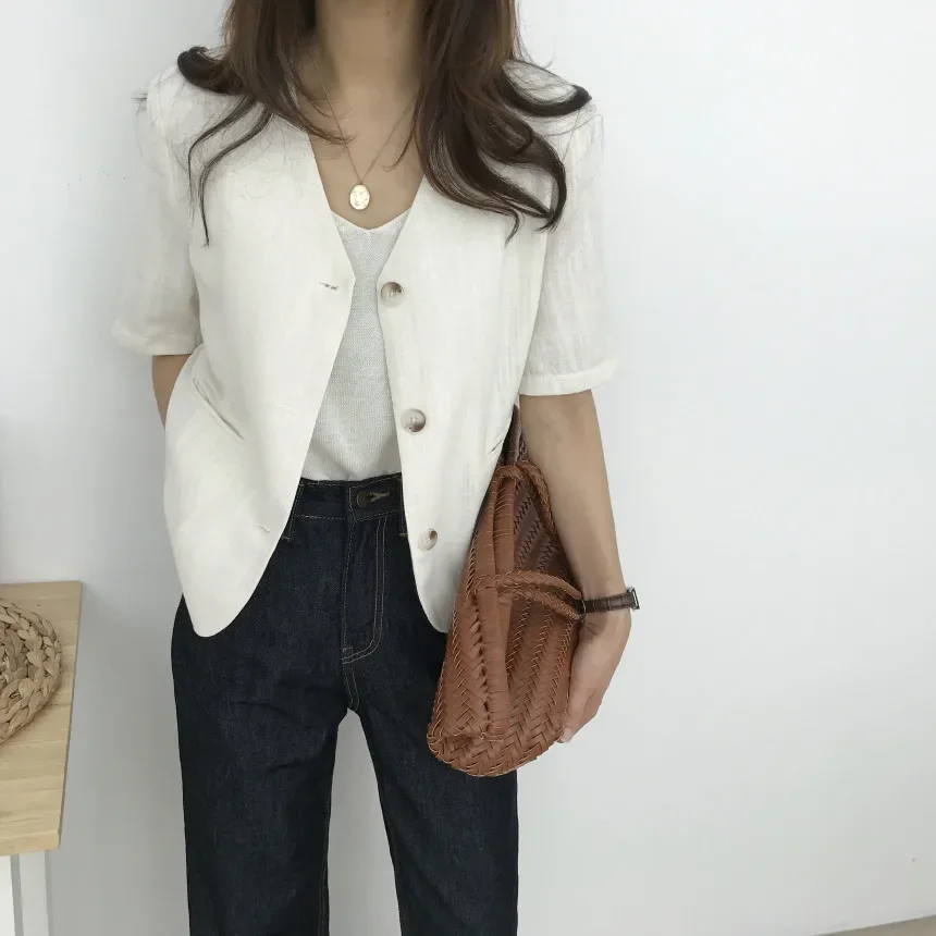 Summer Women T-shirt Slim Fit All-Match Artistic Short-Sleeved V-neck Single-Breasted Coat Chic Niche Temperament Korean Style