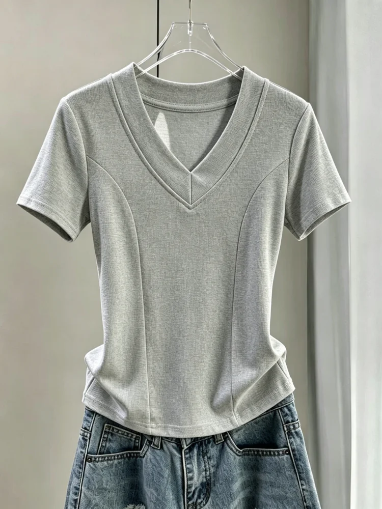 

Summer New Women's V-Neck Short Sleeve T-Shirt 95 Cotton Slimming Color Regular Shoulder Fit Inner Wear for plus Size