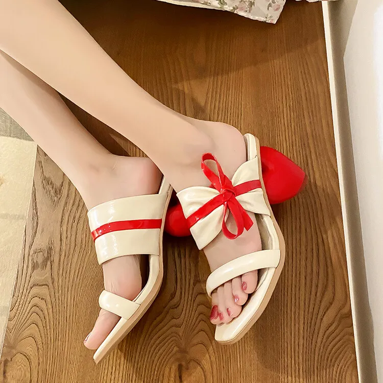 Large Size43 White Leather Women Slippers Cute Bowknot Decor Summer Slides Red Heart High Heels Lady Prom Party Pumps Zapatos