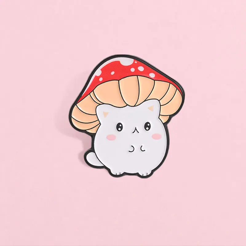 Cartoon Mushroom Cute White Cat Alloy Brooch Casual Commute Badge Decoration Gift Pins for DIY Bag Clothes Shoes Hat Scarf Jeans