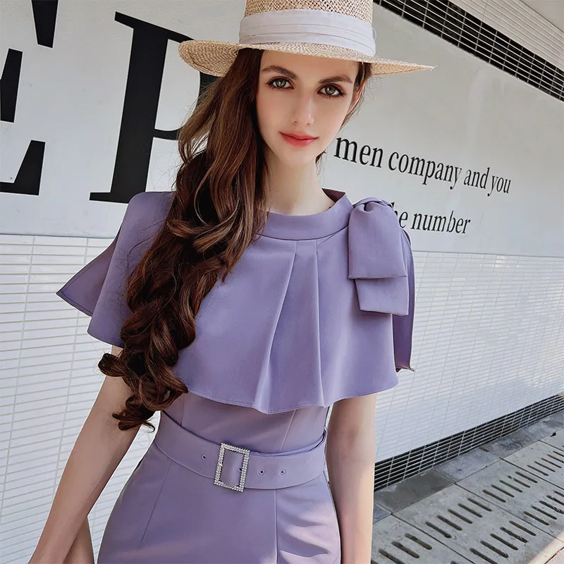 Dabuwawa Office Belt Women Dress Elegant Ruffle Neck Midi Vestidos Female Sleeveless Slim Fitted Dresses Ladies DF1BDR106