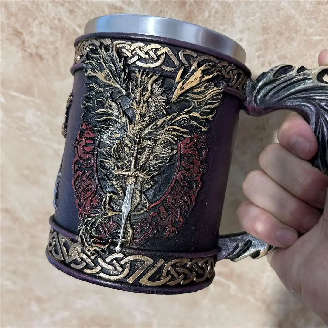 Medieval Dragon Beer Mug Tankard Viking Drinking Beer Steins Stainless Steel Coffee Cup Tankard for Coffee Wine Beer Lovers