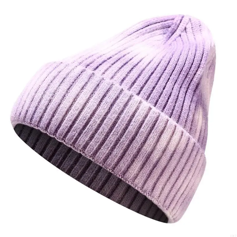 Winter Warm Ribbed Knit Hat Gradient Tie-Dye Hip Hop Cuffed Skull Cap