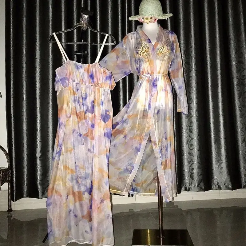 

Perspective Sexy Suspender Dress Couples Vacation Printed V-Neck Long Sleeved Nightgown Thin Silky Touch Sissy Set Party Costume