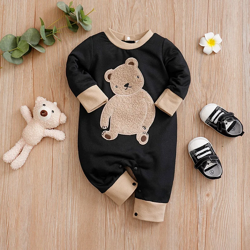 Baby Jumpsuit Cute Cartoon Teddy Bear Short Plush Embroidery Comfortable Spring And Autumn Long Sleeves 0-18m Newborn Clothes