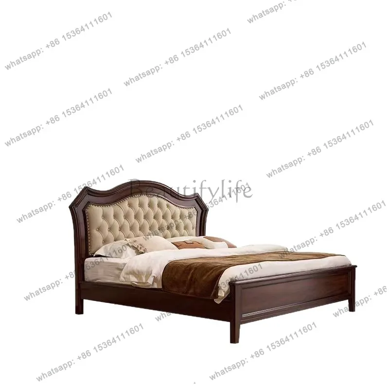 Amerikaans retro lederen massief houten eenvoudig slaapkamermeubilair hoofdslaapkamer groot bed antiek tweepersoonsbed