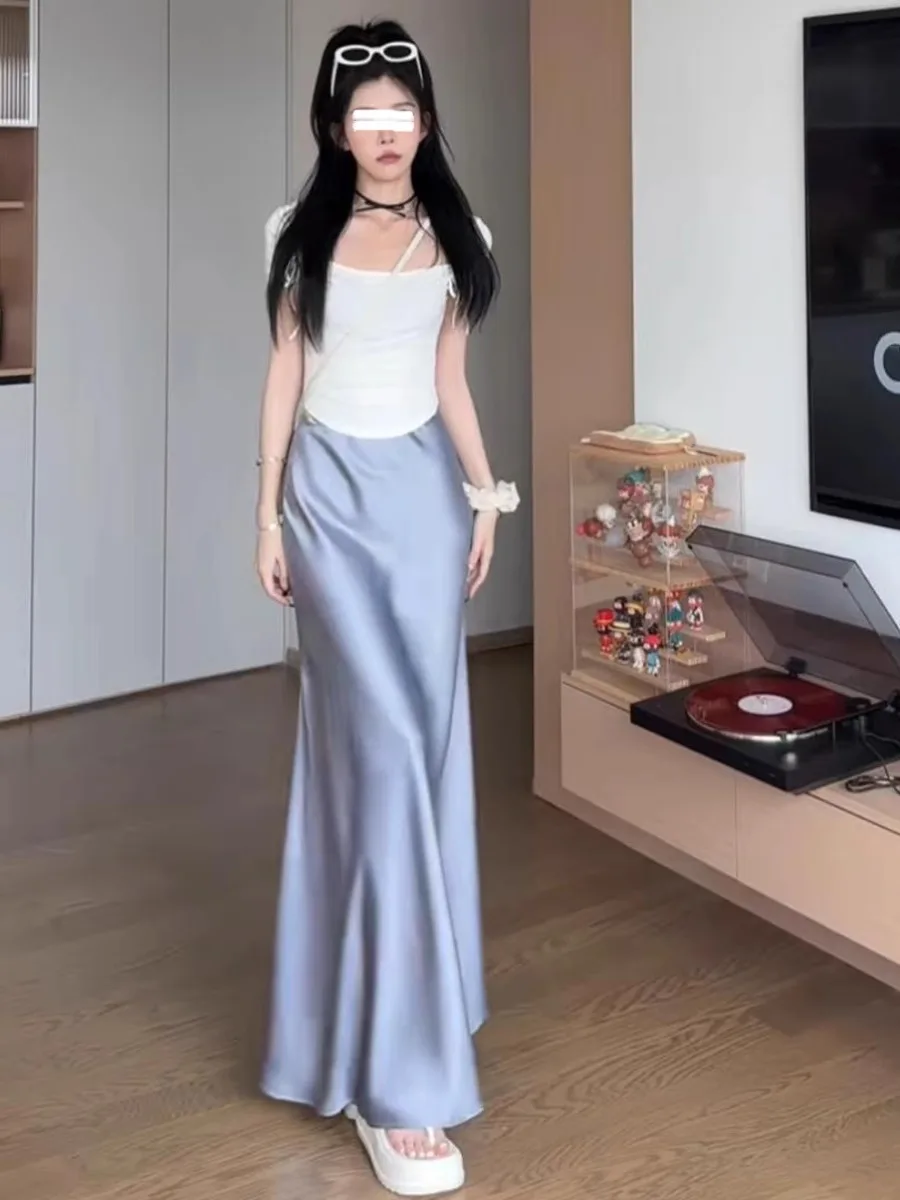 Gonna lunga in acetato di raso di seta Ele Bla Gonna estiva da donna a vita alta drappeggiata con coda fi Gonna casual a trapezio