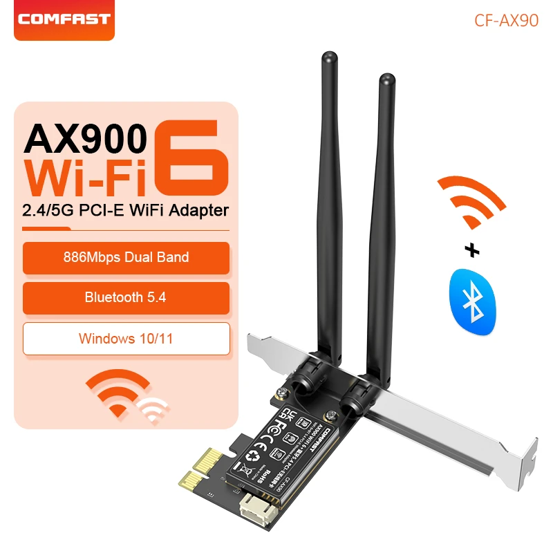 

COMFAST 900Mbps WiFi6 PCI-E Adapter BT5.4 PCI Express Bluetooth WiFi Network Card WPA3 High Gain For Desktop 802.11ax CF-AX90