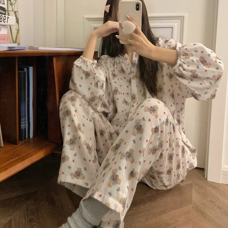 Women\'s Sweet Cute Pajamas Set Female Korean Style Home Clothing Girl Bear Foral Print Sleepwear Long Sleeve Pant Nightwear 2XL