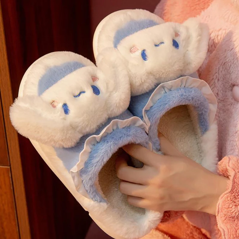 

Плюшевые хлопковые тапочки Sanrio Cinnamoroll Melody Kuromi, зимний домашний декор для девочек, милые теплые туфли на толстой подошве с закрытыми каблуками