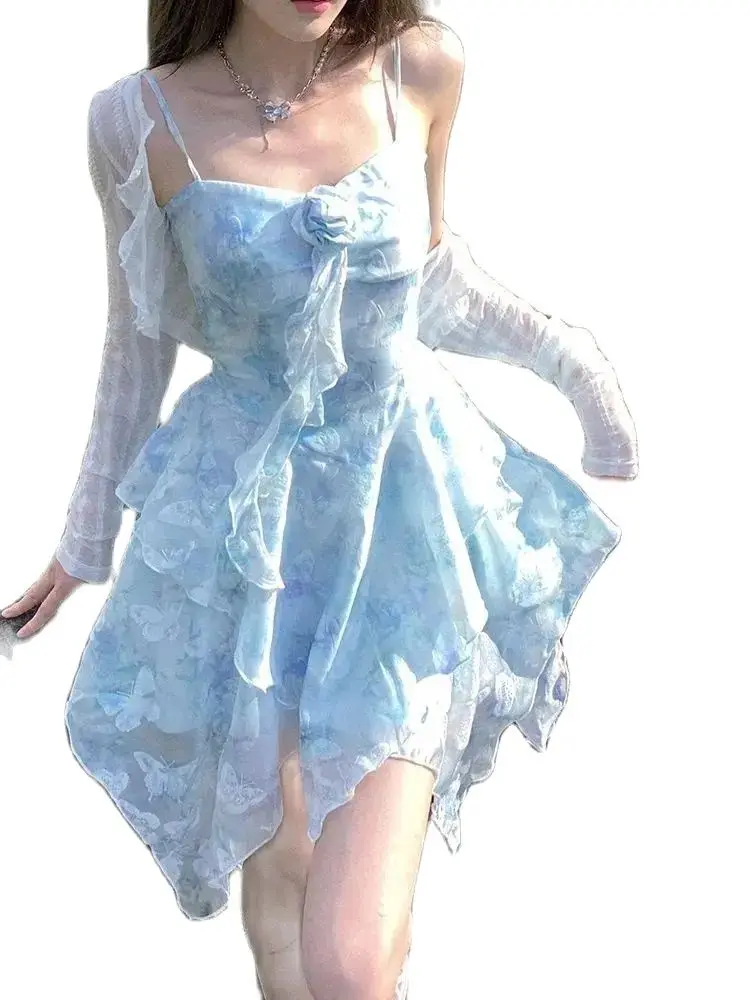 Sling Dress Suit Flowers Irregular Chiffon Summer Women Short Sleeve Holiday Style Korean Fashion Broken Short Skirt Dress
