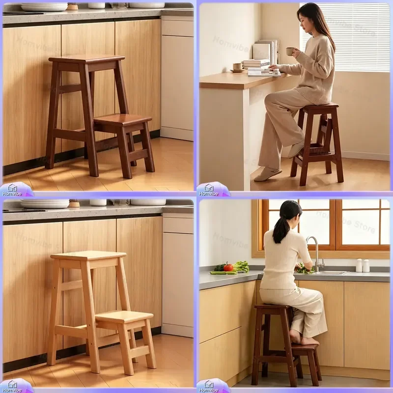 Solid Wood Step Stool 2 Tier Folding Ladder Kitchen Household Multi Functional Climbing Bench Shoe Changing Stable Heavy Duty