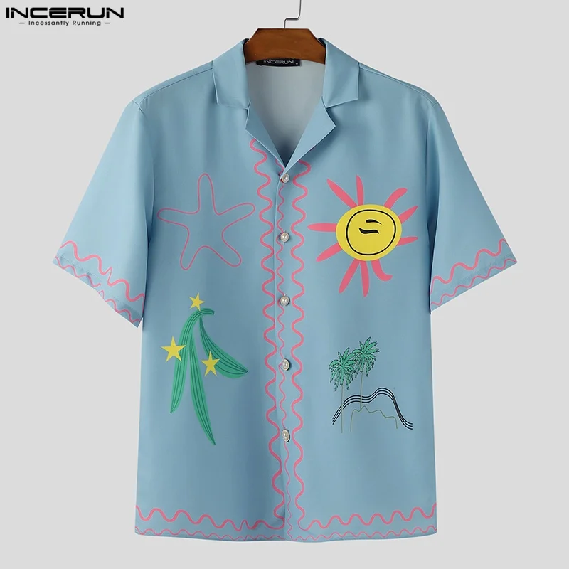 

INCERUN Men Shirt Printing Lapel Short Sleeve Summer Casual Male Shirts Tops Streetwear Vacation Loose Fashion Men's Clothing