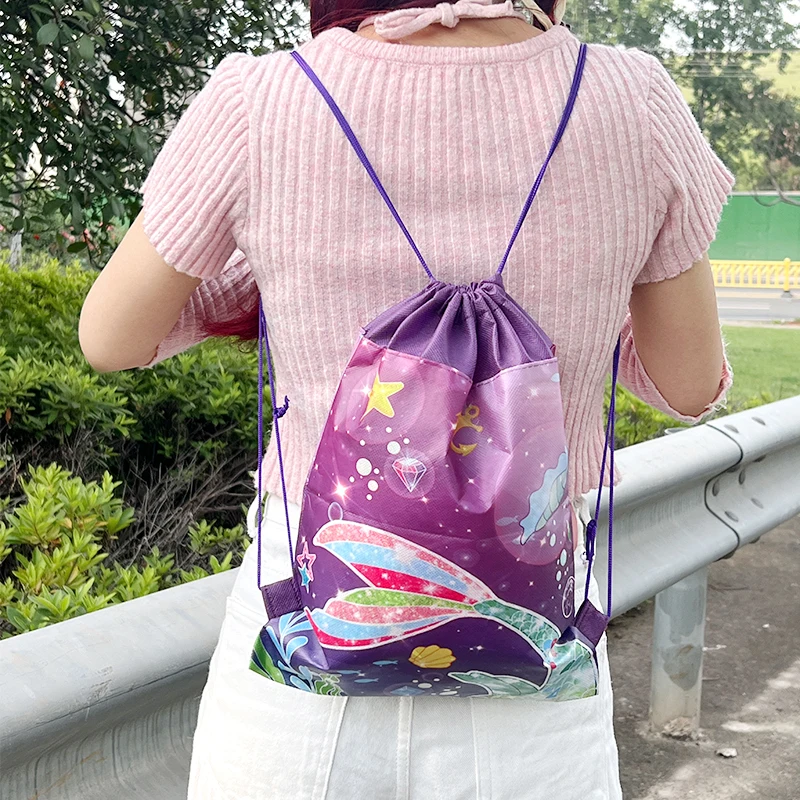 Mermaid Non Woven Gift Bag Portable Drawstring Candy Packaging Backpack Bag Birthday Baby Shower Birthday Party Decorations