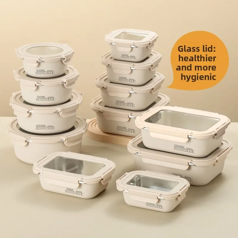 Frischhaltebox aus 304 Edelstahl mit Glasdeckel, Auslaufsichere Versiegelte Lunchbox mit Sichtfenster