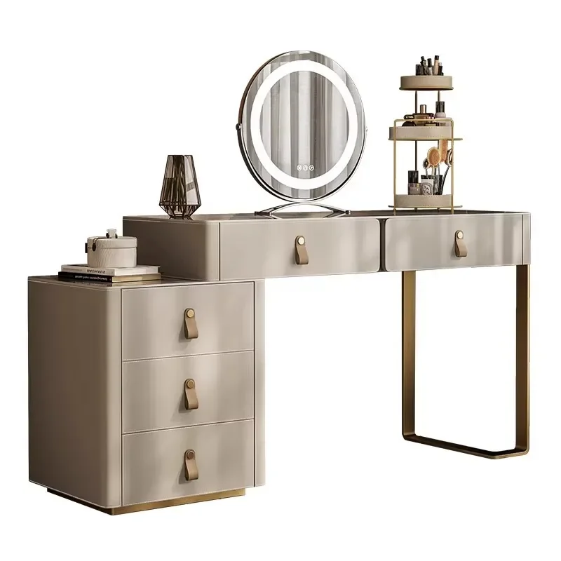 Modern Light Luxury Combinable Dressing Table and Chest Combo Leather Handle Metal Leg Multi Storage Makeup Vanity For Bedroom