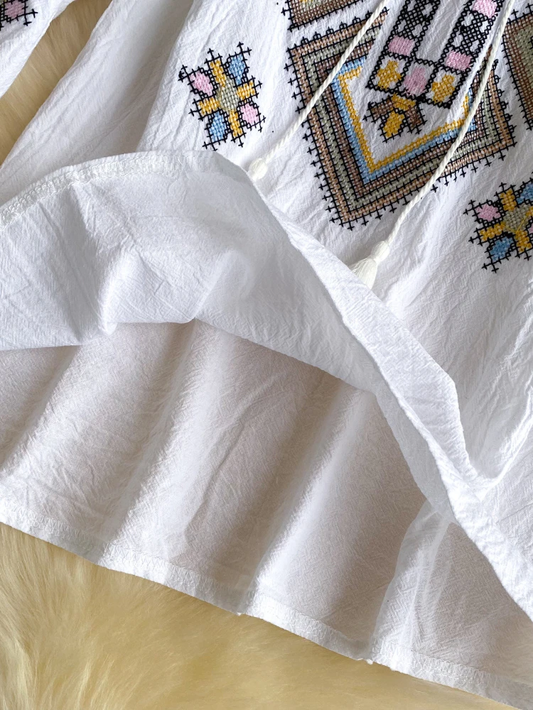 Women Bohemian Blouse Embroidery Fringed Shirt Spring Long-sleeved Loose Lantern Sleeve Vacation Style Top Female Blusa BL366 view 6