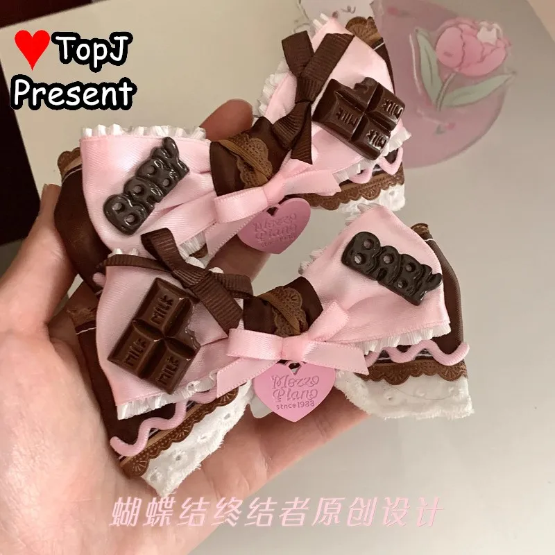 "نكهة النعناع الشوكولاته كوكي" القوطية Harajuku Y2K فتاة جميلة لوليتا الحلو القوس الشريط الدانتيل دبوس الشعر حافة المشبك مشبك شعر