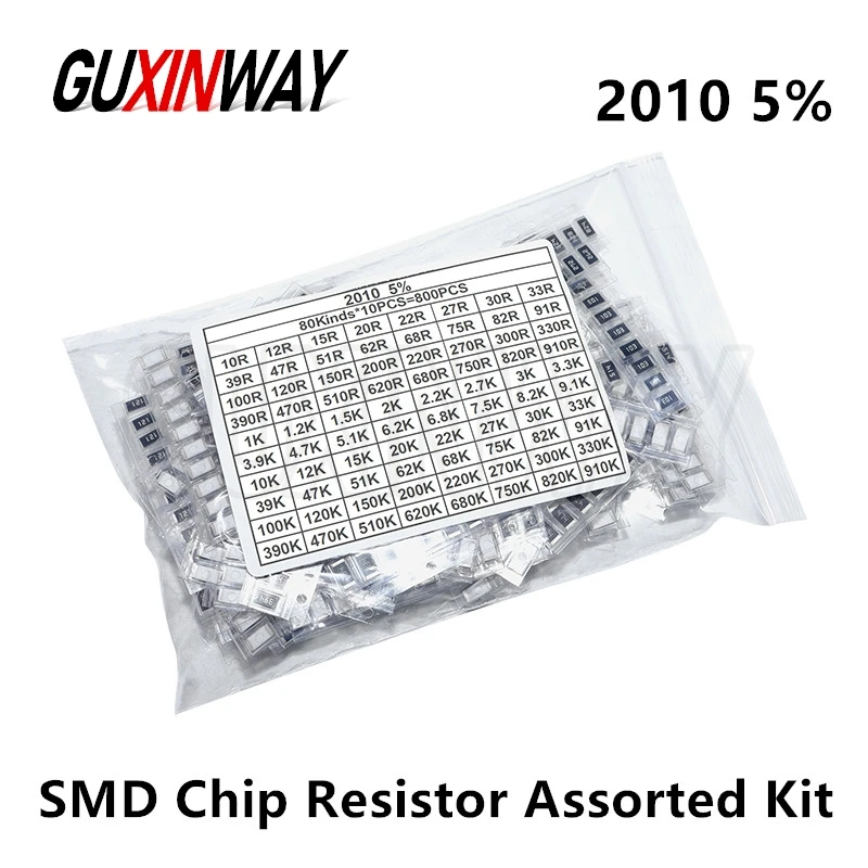 800pcs 2010 5% SMD Chip Resistor Assorted Kit 10R - 910K ohm 80values Resistance Sample Set