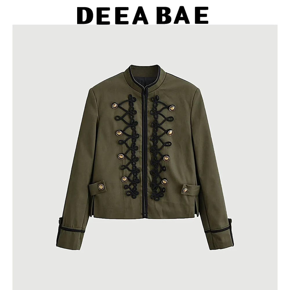 DEEABAE Spring and Autumn New Product Women's Stand up Collar Long Sleeve with Shoulder Pads Rope Knot Short Suit Coat