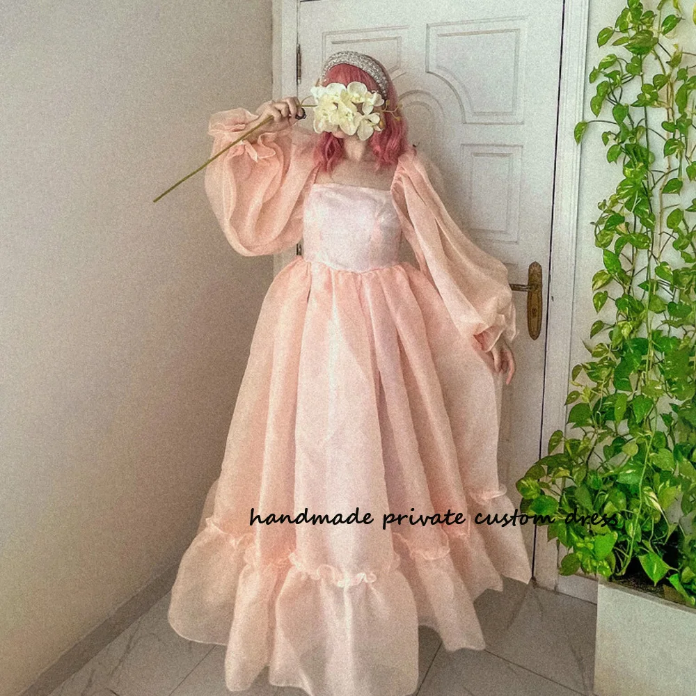 

Baby Pink Organza A Line Prom Party Dresses Long Sleeve Square Neck Princess Evening Party Gowns Floor Length Celebrate Dress