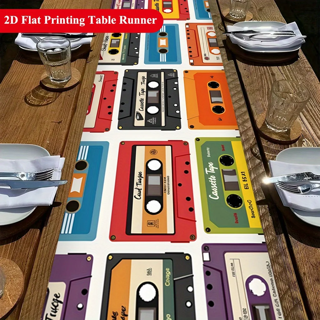 Retro Cassette Tape Table Runner Single Sided 2D Print Polyester Decor for Dining Room Kitchen Home Party Music Nostalgic Vibe