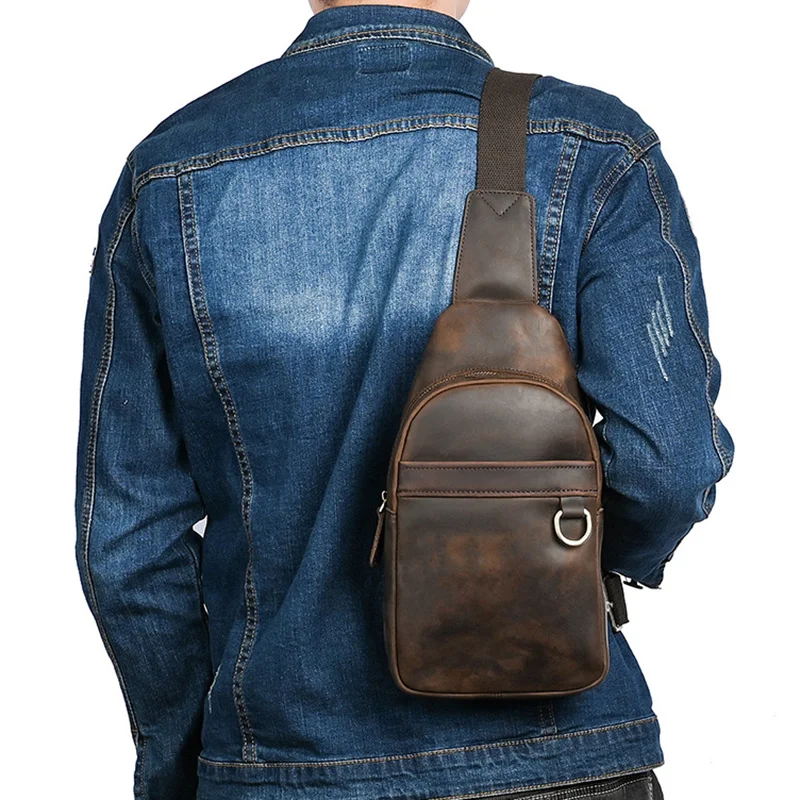 Mochila vintage de couro genuíno para homens, saco de peito com ombro cruzado, couro de vaca louco, sacos masculinos crossbody messenger