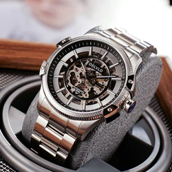 OBLVLO Men's Watch Stainless Steel Skeleton Dial Automatic Watch Transparent Caseback Waterproof Mechanical Watch CAM-AR-SK