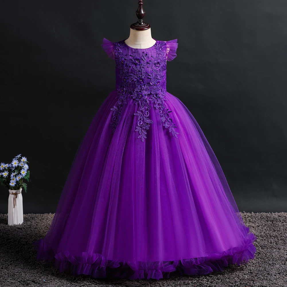 Purple New Girl Flower Elegant Long Dress FOR 4 to 14 years Children\'s Ball Embroidered Princess Dress