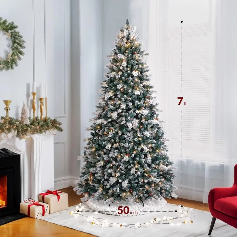 7FT Christmas Tree with Warm White Lights, Snow Flocked Christmas Tree with Pine Cone for Home