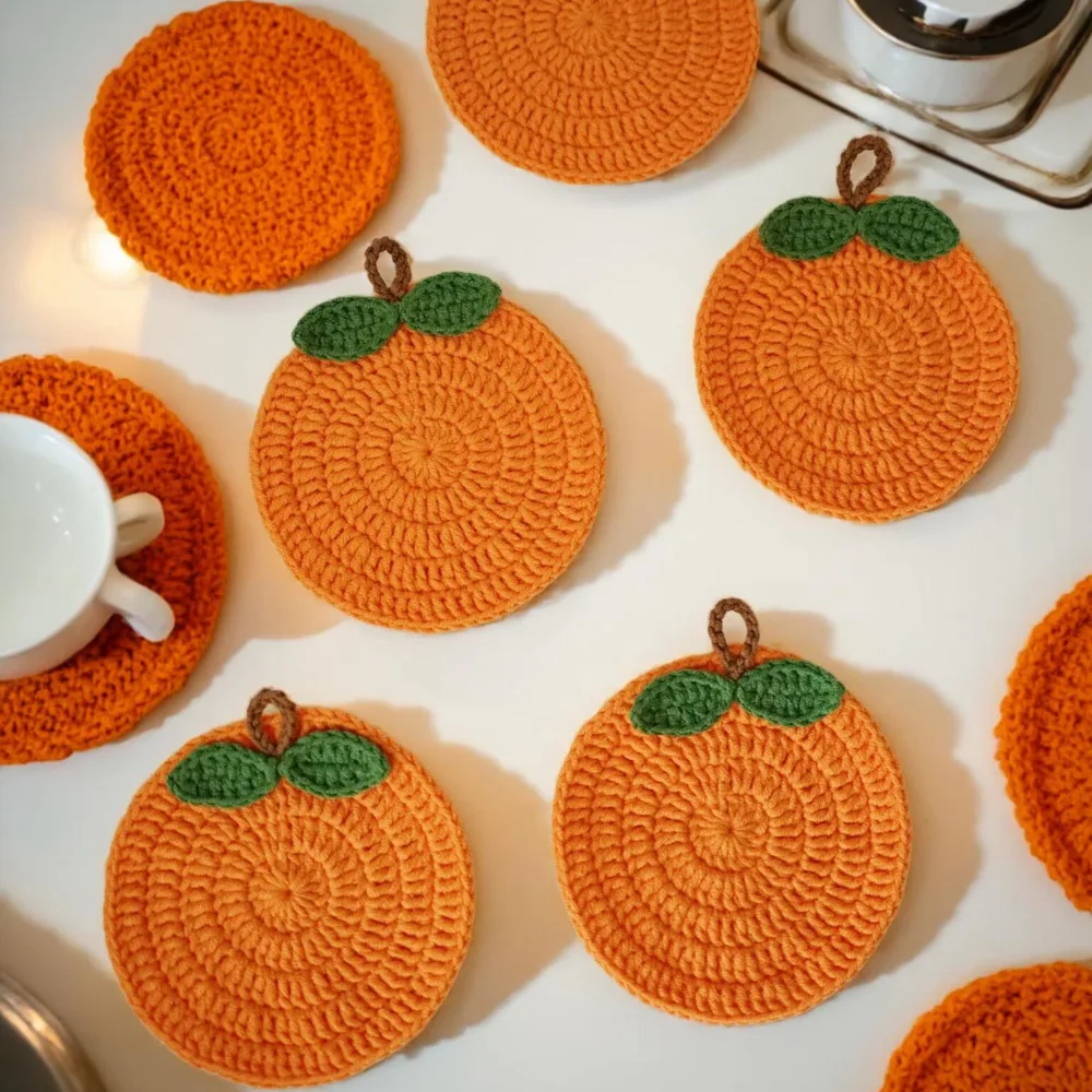 Handmade crochet orange cup mats - Special kitchen table insulation placemats - Coffee mats