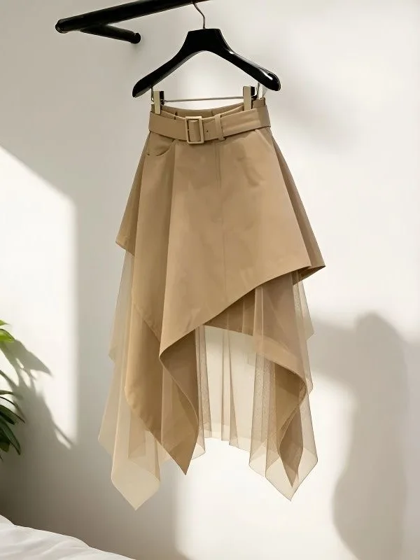 Khaki Mesh Splice Asymmetrical A-Line  Skirt Women's Summer New High Waist Polyester Fiber Elastic High-End Slimming Vers...