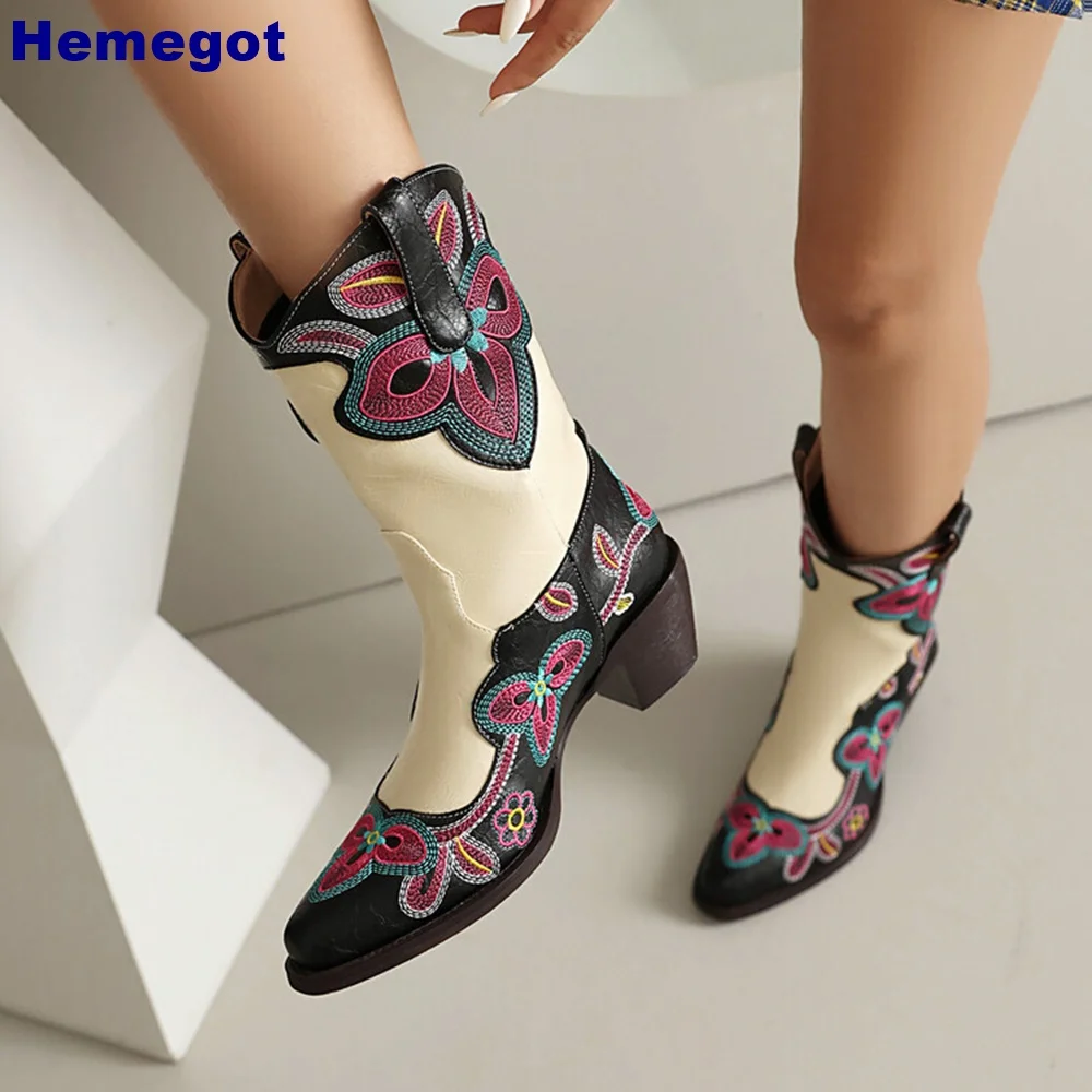 Mixed Color Retro Embroidered Short Boots 2024 Autumn Pointed Stitching Western Cowboy Boots Ladies Thick High Heel Casual Boot