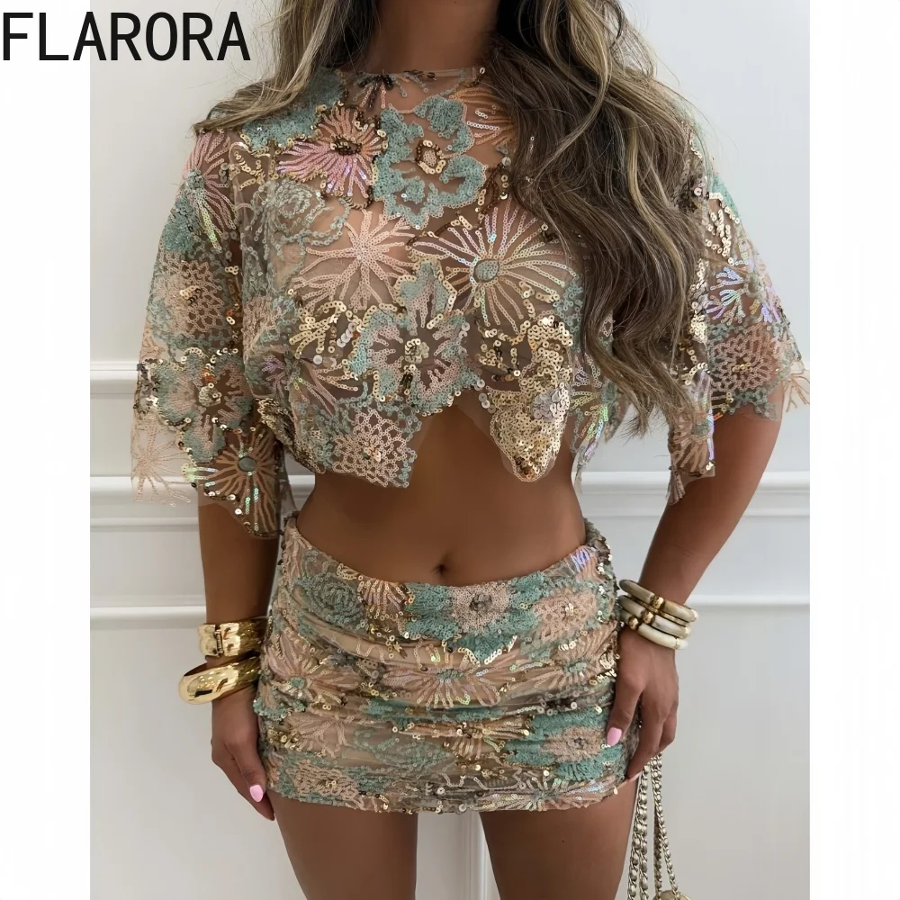 FLARORA, conjuntos de 2 uds de lentejuelas bordadas de lujo para mujer, Top corto Irregular de media manga con cuello redondo y faldas, conjuntos de ropa para fiesta y discoteca