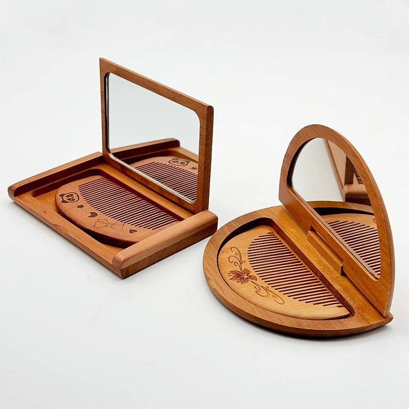 New Durable 2 In 1 Wooden Comb Mirror Set Mini Vintage Makeup Mirror Peachwood Rectangle Portable Folding Mirror For Girl Lady
