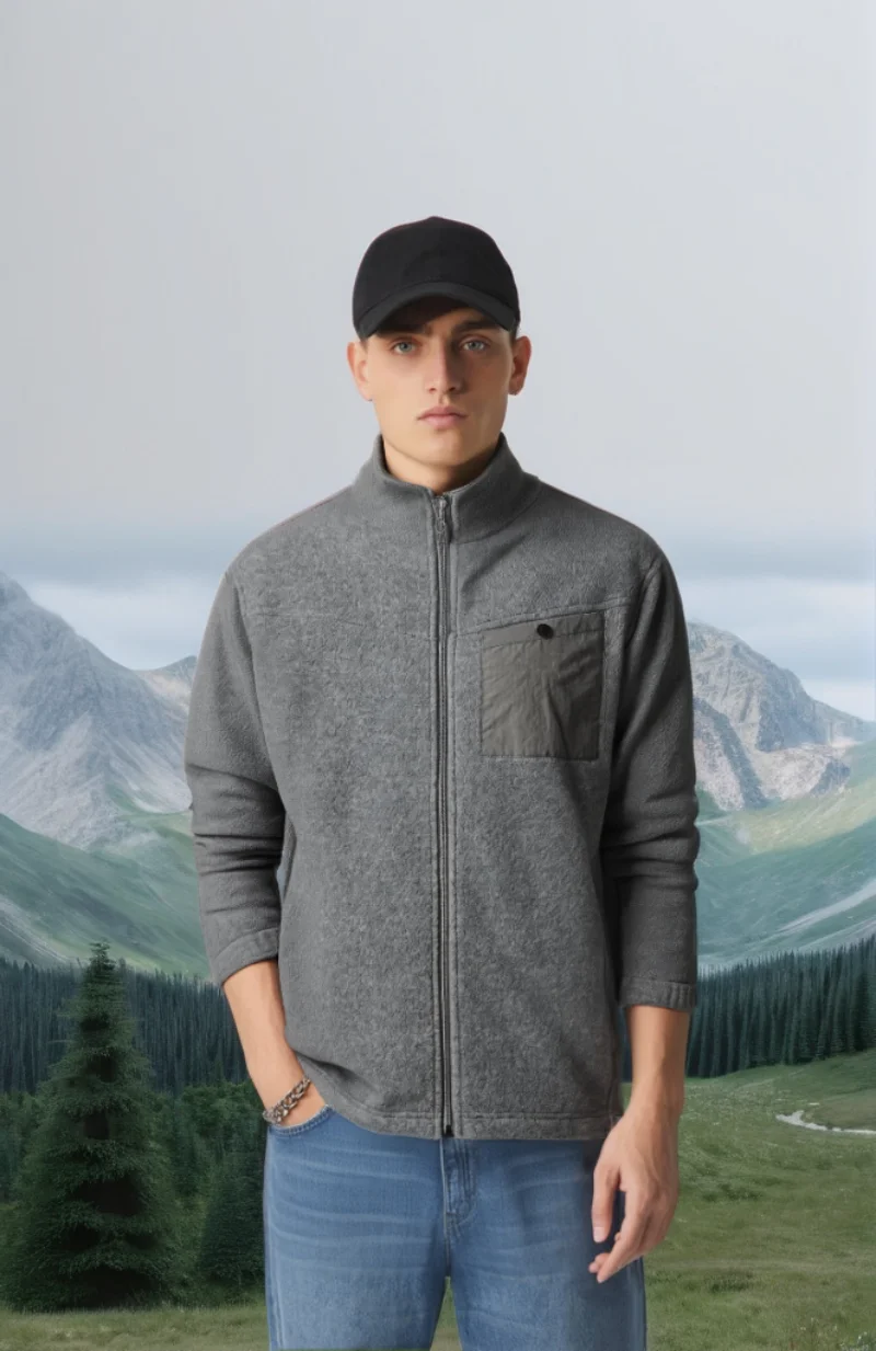 

Polar Fleece Warm Sports Jacket Men's Solid Color Fashionable Casual Zipper Cardigan Jacket Stand Up Collar Top