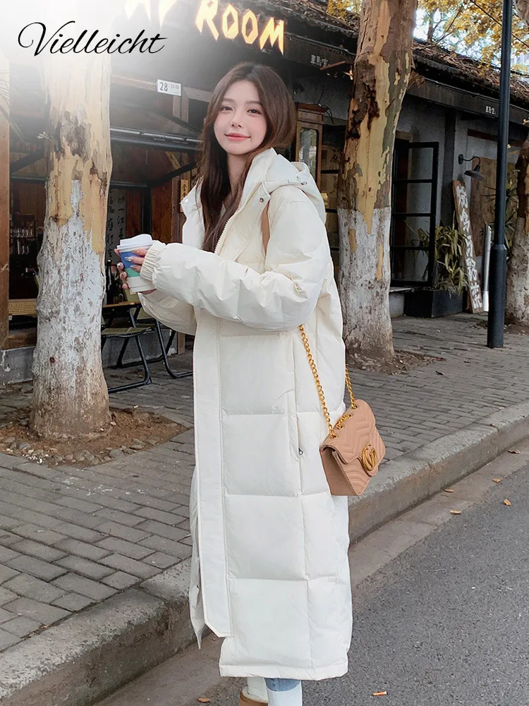 Vielleicht New Long Straight Casual Women White Duck Down Jacket Winter Parkas Coat Clothes Hooded Stylish Female Outerwear