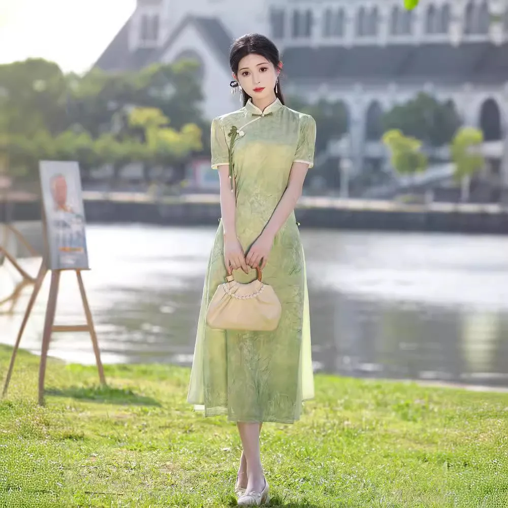 Summer Double Layer Green Qipao Chinese Traditional Dress for Girls Cheongsams Ladies Lovely Daily Wear Dress CH-063