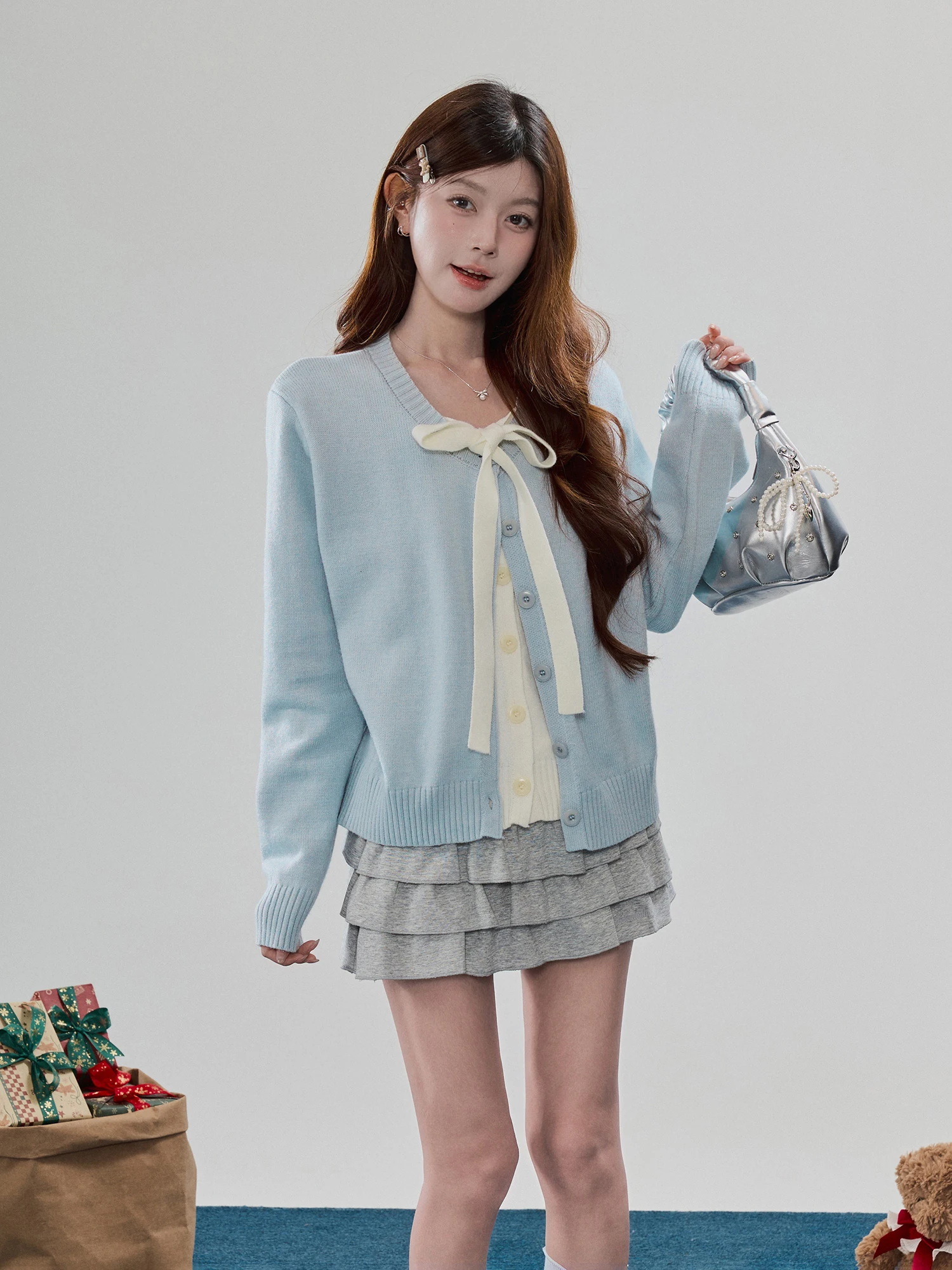 

Корейский свободный вязаный кардиган для женщин с длинными рукавами, имитация двухслойности, теплый повседневный верхний слой