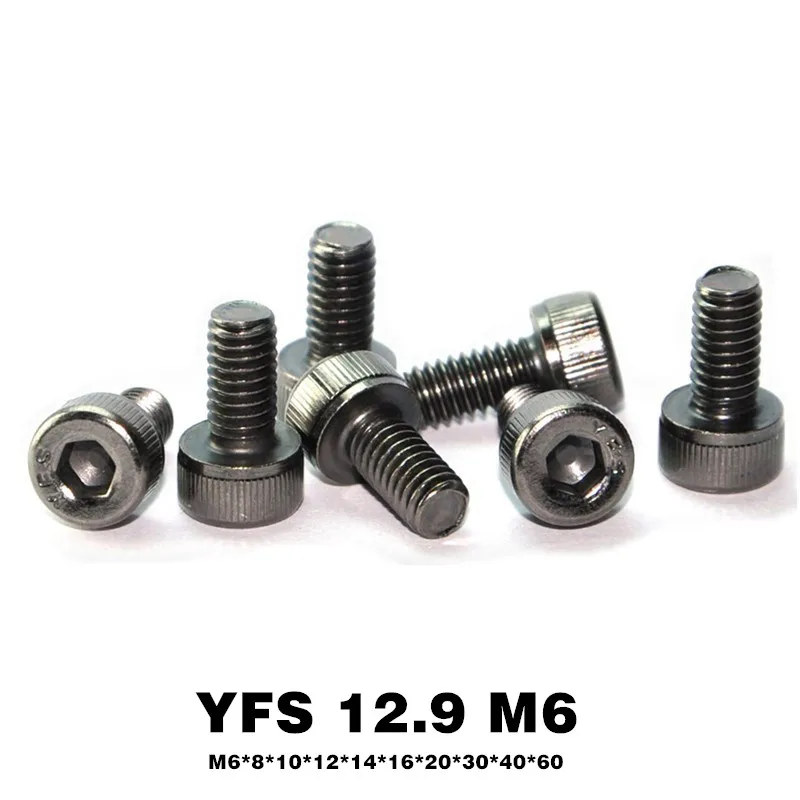 

50Pcs YFS M6 Hexagon Socket Head Cap Allen Bolt Screw M6*6*8*10*12*14*16*20~60mm Grade 12.9 Black Nickel Plating Antirust Screws