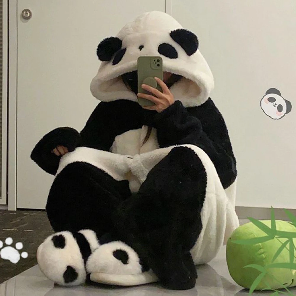 Panda Cosplay Pajamas Cartoon Hooded Nightgown Flannel Chunky Warm Soft Nightdress Sleepshirts Cute Women\'s Sleepwear Bathrobes