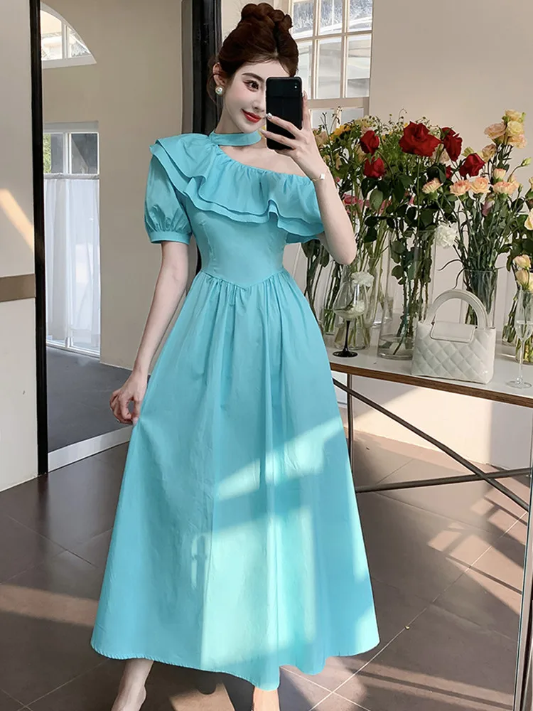 New Fashion Korean Style Slim Waist Summer Dress Women's French Hanging Sexy Off Shoulder Oblique Collar Ruffle Long Dress