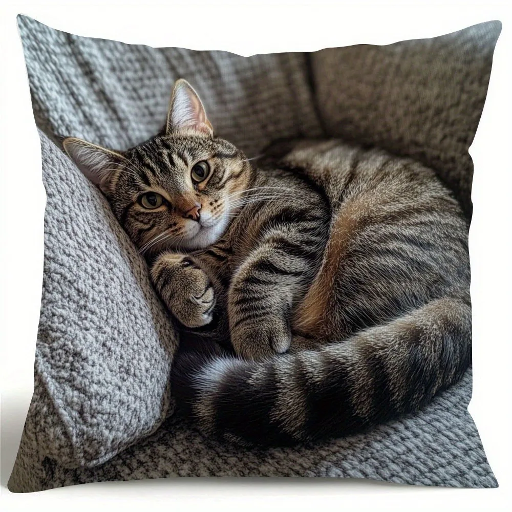 Adorable Tabby Cat Throw Pillow Cover Winter Sleeping Kitten Living Room Decor