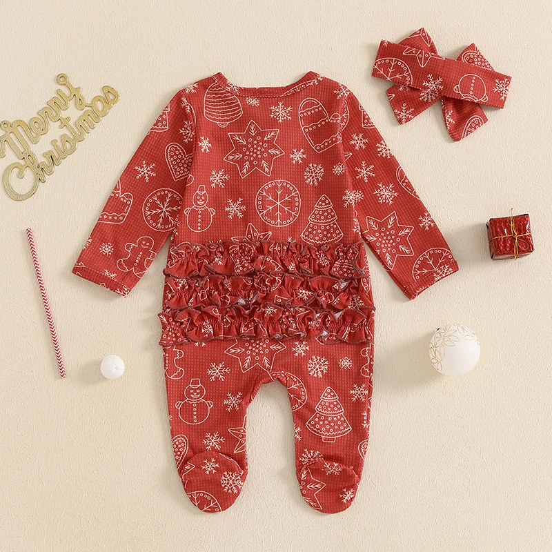 Toddler Girls Holiday  with Reindeer and Santa Claus Print Long Sleeve Romper with Matching Bow Headband