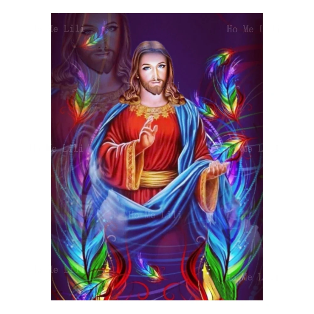 The Sacred Heart Of Divine Mercy Jesus Colorful Phoenix Feathers Wall Art For Livingroom Decor