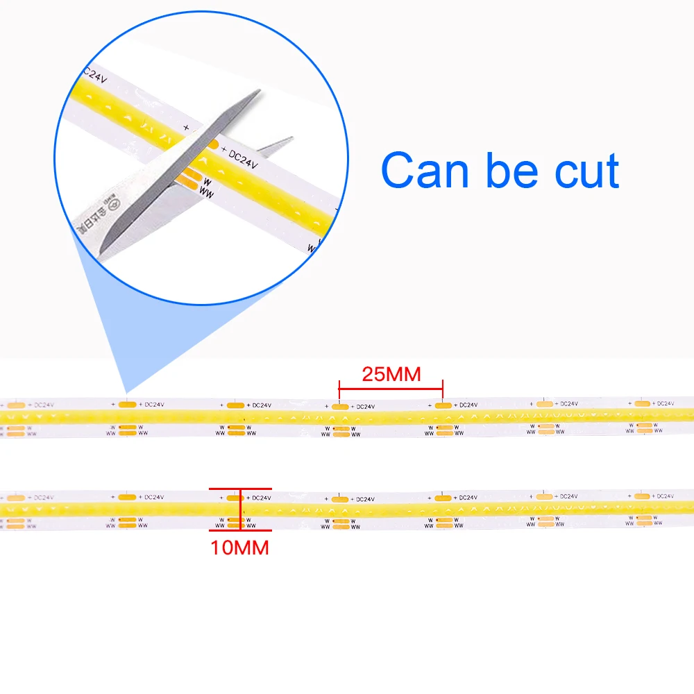 12V 24V CCT COB LED Strip Light Doubel Color Dual Colour High Density Linear Tape 2700K to 6500K CRI90 RA90 Dimmable Ribbon Rope