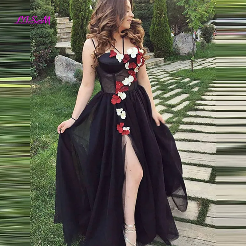 

Black 3D Flowers Long Prom Dress Sweetheart Side Split Evening Dresses A-Line Sleeveless Party Gowns vestidos de gala