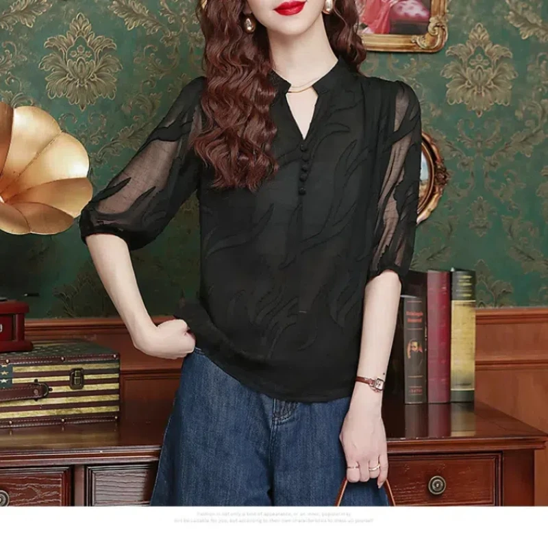 Summer Solid Color Pullover Women\'s Clothing Chiffon Lantern Half Sleeve Button V-Neck T-shirt Comfortable All-match Tops